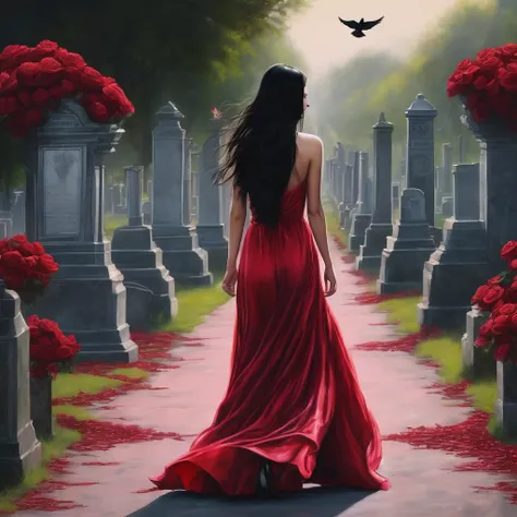 one pretty woman,Youngh,long black  hair,red flowing dress,walking on a road,Frontal image.hyper realist.red rose in hair,red lipgloss stick.pink cute dove from the cemetery 