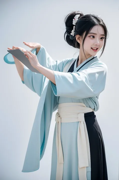 Pixar style，whole body，IP Design，Nice little girl，Black Hair，Wearing traditional Hanfu，Multiple poses and expressions，Emoticons，Dance，diet，Cry and laugh，move，f/12 groups，3D Style，White background，Clean background，Best quality，masterpiece，8k