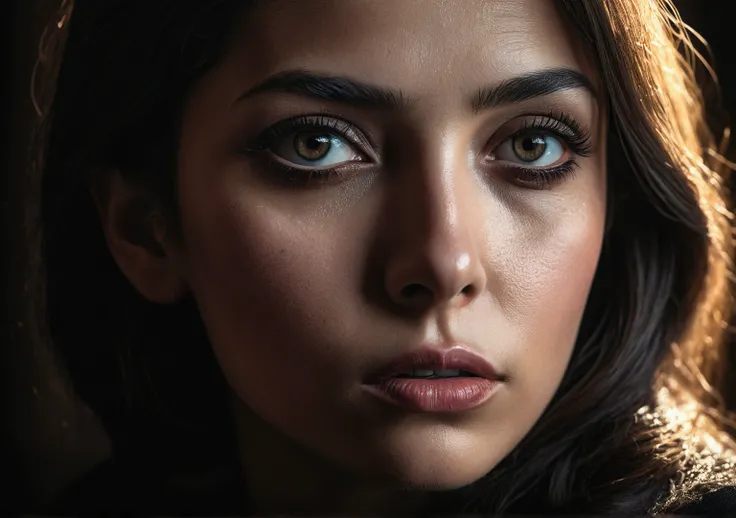 a woman accused of a crime she didnt commit, alone and scared, beautiful detailed eyes, beautiful detailed lips, extremely detailed eyes and face, long eyelashes, intense expression, dramatic lighting, moody cinematic atmosphere, chiaroscuro lighting, dram...