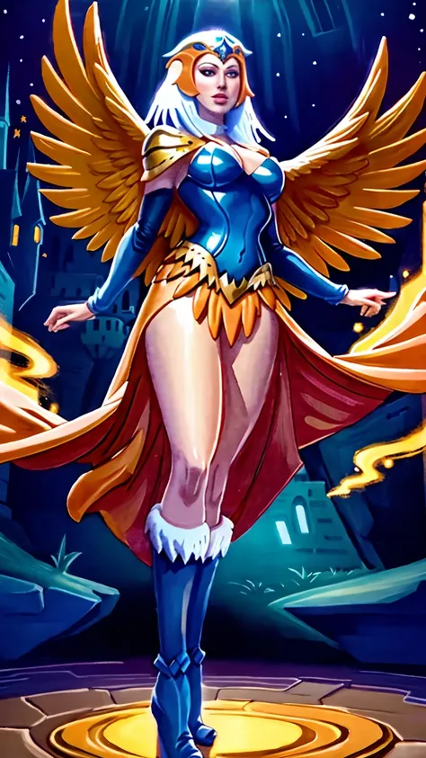 ((Full body photo, standing, feet on the floor)) a woman, HHUD, ((1girl)), full body, motu_sorceress, gorgeous woman, realistic, blue and white long sleeved v-neck bodysuit with feather detailing, eagle headdress, (orange and blue feather cloak:1.2), blue ...