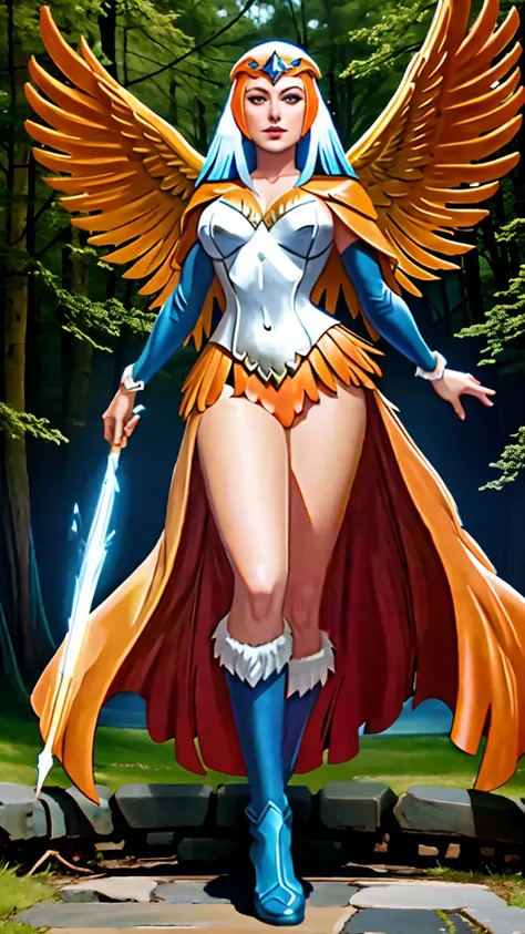 ((Full body photo, standing, feet on the floor)) a woman, HHUD, ((1girl)), full body, motu_sorceress, gorgeous woman, realistic, blue and white long sleeved v-neck bodysuit with feather detailing, eagle headdress, (orange and blue feather cloak:1.2), blue ...