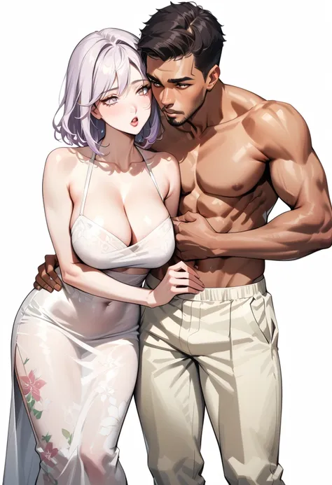 (1 young man), (1 asian Mom), (Duet), A mom seduces a young blackman，（strong and naked black man，short pantuscle body，bodybuilder），（a young mom with big breasts，narrow waist，bare shoulders，(long white evening skirt dressed, floral print, naked）, European 4...