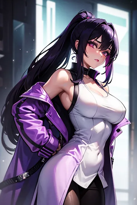 20 year, young woman, wearing sexy cyberpunk clothes, a purple and white overcoat, sleeves rolled up to the elbow. black hair tied in a ponytail, purples eyes, Red lipstick. skin tanned, bust size d. determined expression.