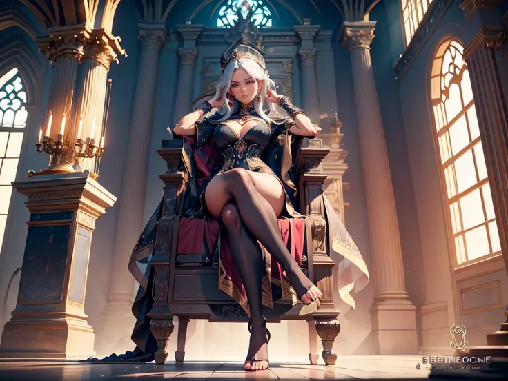 a haughty woman sits on an upholstered armchair, her posture exuding an air of unquestionable superiority. she stretches out one leg, leaving her bare foot exposed for all to see. a look of contempt, like that of a disdainful queen with icy indifference. h...