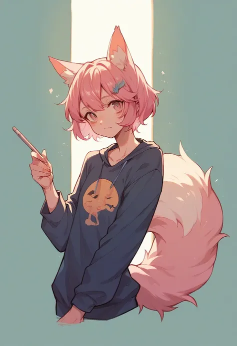 A half-human cat with pink hair and a very fluffy tail 