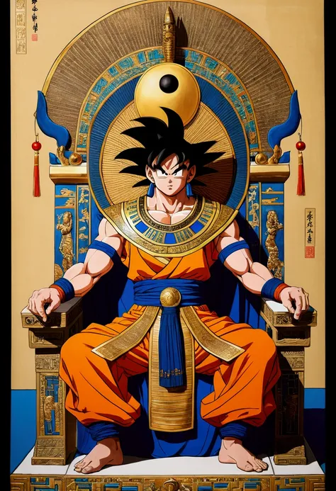 Chinese painting , goku in egyptian robes , sitting on throne , anime, 1 leg crossed above knee