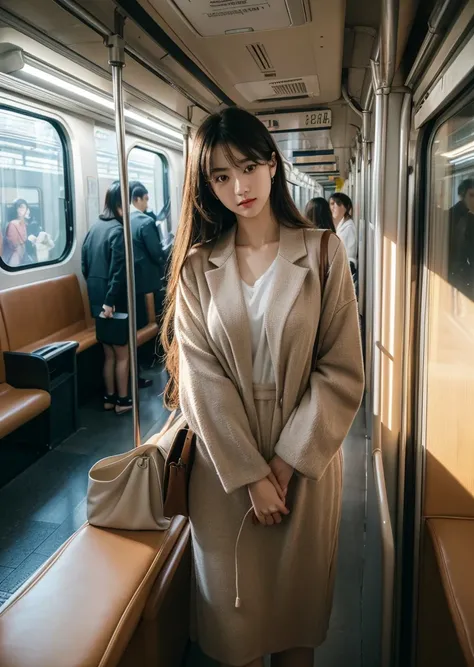 Diffuse lighting、 Highest quality, High resolution, unity 8k wallpaper、Supersaturation, Japanese、1 female、２３age、prompt: "A Subway Car, People coming and going々. Wearing a suit、Standing in the corner of the car, Casually glance at everyone inside. The woman...