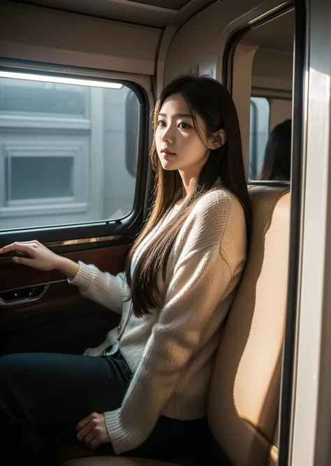 Diffuse lighting、 Highest quality, High resolution, unity 8k wallpaper、Supersaturation, Japanese、1 female、２３age、prompt: "A Subway Car, People coming and going々. Wearing a suit、Standing in the corner of the car, Casually glance at everyone inside. The woman...