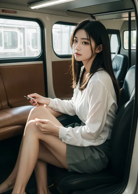 Diffuse lighting、 Highest quality, High resolution, unity 8k wallpaper、Supersaturation, Japanese、1 female、２３age、prompt: "A Subway Car, People coming and going々. Wearing a suit、Standing in the corner of the car, Casually glance at everyone inside. The woman...