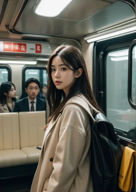 Diffuse lighting、 Highest quality, High resolution, unity 8k wallpaper、Supersaturation, Japanese、1 female、２３age、prompt: "A Subway Car, People coming and going々. Wearing a suit、Standing in the corner of the car, Casually glance at everyone inside. The woman...