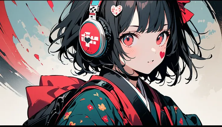 (((Ink Painting))), Fashion portrait color photos, (((1 girl))), (((Heart tattoo on face))), (((Gorgeous hair accessories))), Japanese style headphones, drummer, Japan人の美少女, Black Hair, Delicate and precise,Japan, Japanese flag