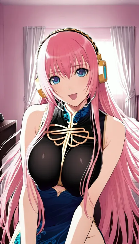 masterpiece,beautiful adult woman ,megurine luka,e cup breasts,pink long hair,blue eyes,headphone,chinese clothing,smile,open yo...