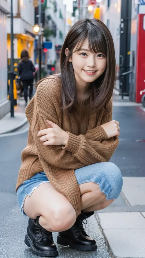 Photo taken by a professional photographer，laughter:1.5，Close-up of a 30-year-old Japanese woman squatting on the sidewalk, wearing a sweater, Short-cut brown hair, hair is disheveled，young and cute girl, wear a miniskirt:1.5，Wear stylish boots，Fancy makeu...