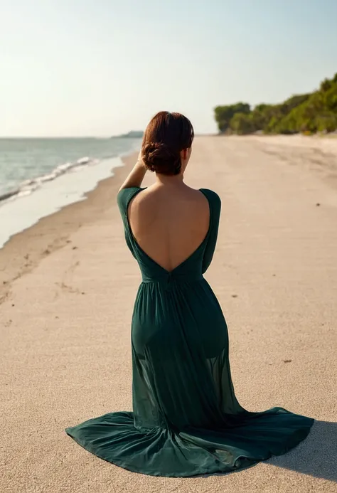 9 Woman leaning on her knees and hands wearing a long nylon dress., Rear view angle ,(on the beach)1.5