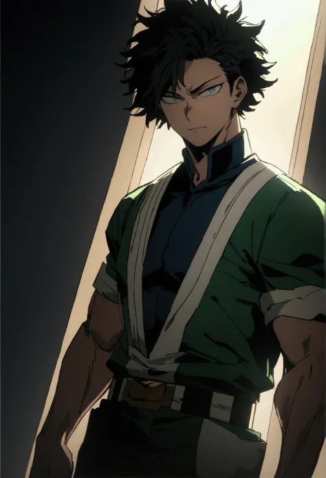  He is a 17 year old teenager, He has slightly disheveled very black hair..., somewhat light green eyes, (all body), , muscular body , sexy face, He is dressed in the anime male uniform "my hero academia", evil face, 8k, high quality, masterpiece, dramatic...