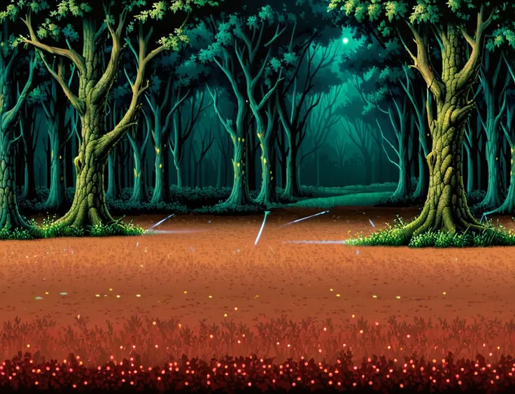 side view of a forest battleback, background, clean floor, medieval forest battleback, at night, side-view, masterpiece, trees i...