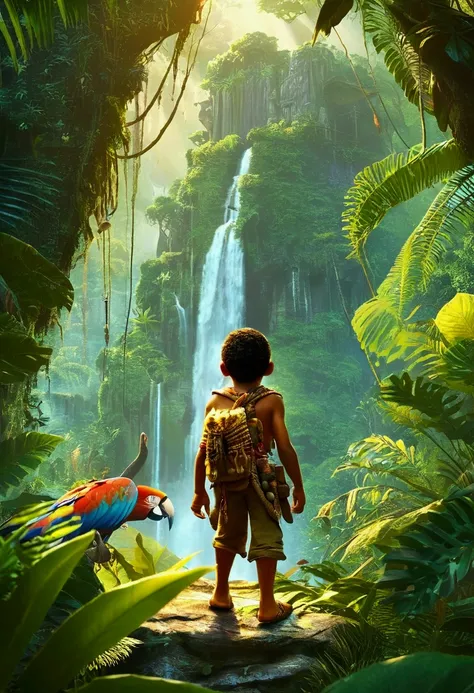 Jungle Adventure, full body, by Lengmei, cinematic still, (best quality, masterpiece), very aesthetic, perfect composition, intricate details, ultra-detailed, vivid colors