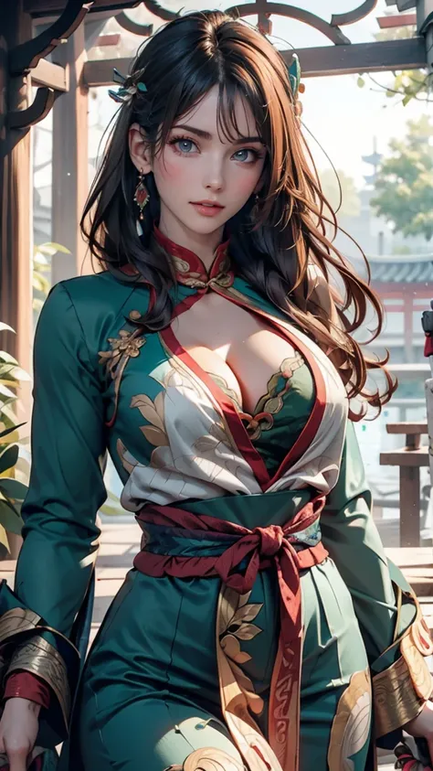 ((whole body)), samdoesarts style award winning whole body portrait of a beautiful woman, ((Perfect feminine face)),((Ancient Chinese Green Clothing)), ((Green Peking Opera Costume)), (Long sleeve) Gazebo, Complex, (Beautiful details in the eyes, Long eyeb...