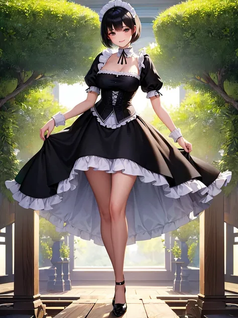 Highest quality、masterpiece、8k、Very detailed、Realistic、Looking at me with a smile、whole body、Black Hair、Short Hair、Small face、Slender、Big Breasts、Thin and beautiful legs、narrow and constricted waist,、Victorian maid clothes