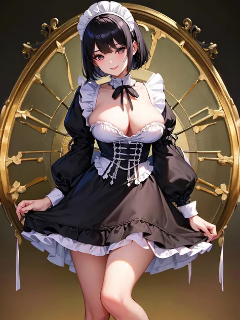 Highest quality、masterpiece、8k、Very detailed、Realistic、Looking at me with a smile、whole body、Black Hair、Short Hair、Small face、Slender、Big Breasts、Thin and beautiful legs、narrow and constricted waist,、Victorian maid clothes