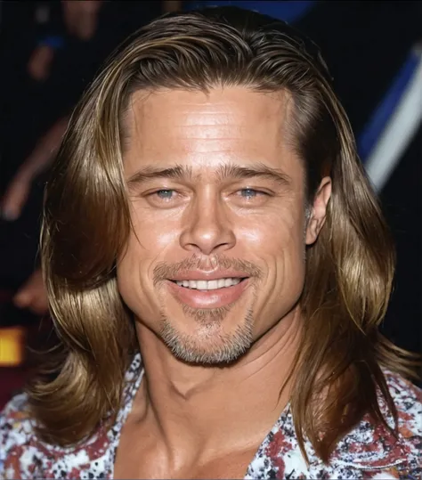 Brad Pitt, long hair, big muscles, tattoo, rocker, calça preta, em um bar, ultra hd, realismo, 4k