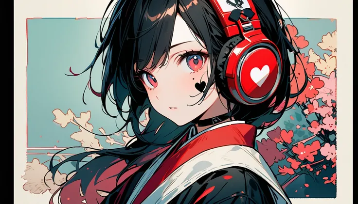 Fashion portrait color photos, (((Ink Painting))), (((1 girl))), (((Heart tattoo on face))), (((Gorgeous hair accessories))), Japanese style headphones, drummer, Japan人の美少女, Black Hair, Delicate and precise,Japan, Japanese flag