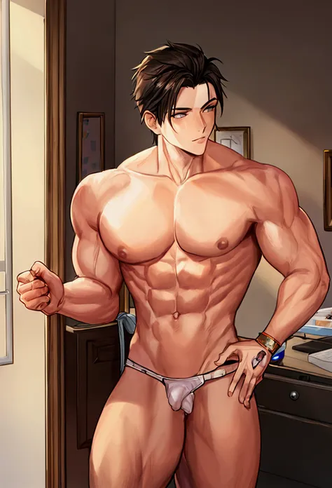 ((Best Quality)), ((masterpiece)), (detailed), Create a muscular boy, shirtless, With Pant, with the erect penis on the outside, in a office, 5 perfect fingers, naked