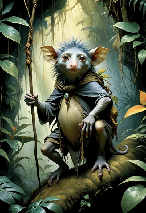 Jungle Adventure, full body, by Brian Froud, cinematic still, (best quality, masterpiece), very aesthetic, perfect composition, intricate details, ultra-detailed, vivid colors