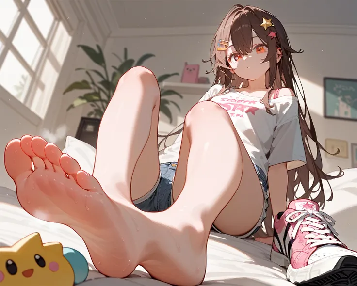 A woman sitting on the bed showing her smelly feet low angle，barefoot，Sole，Foot Focus，Pink off-the-shoulder T-shirt，Bangs between the eyes，Long hair，Brown hair，Denim shorts，Anatomically correct, There is a big yellow five-pointed star hairpin in the hair，p...