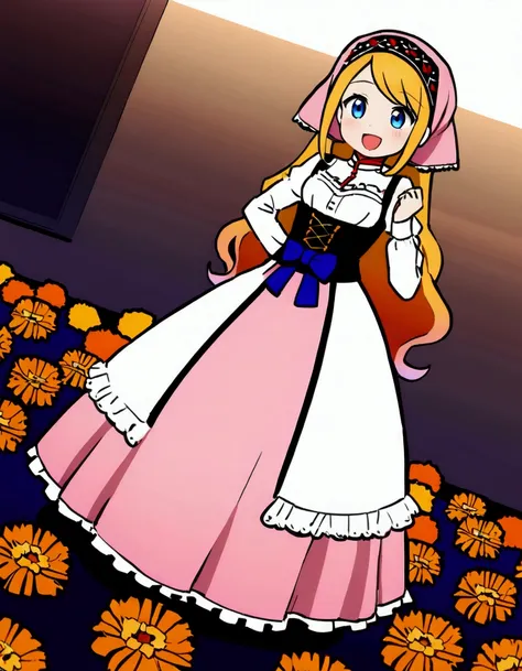 golden orange hair, gradient hair, very long hair, swept bangs, sidelocks, curly hair, wavy hair, (((((head scarf))))), head bandana, pink apron, flower in hair, marigold, orange flower, dirndl, pink dress, pink dirndl, long sleeves, waist apron, white apr...