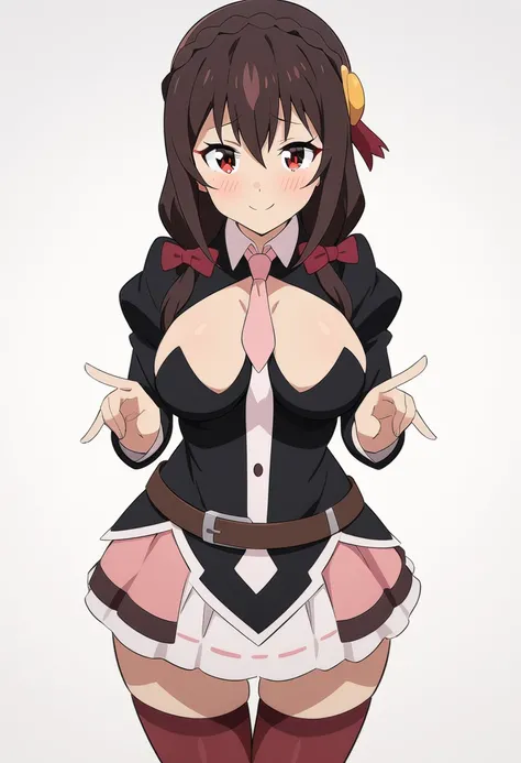 (anime art style:1.0), 2d, masterpiece, best quality, very aesthetic, absurdres, dynamic shadows, atmosferic, yunyun, 1girl, solo, brown hair, low twintails, crown braid, long hair, red eyes, detailed eyes, hair between eyes, bangs, medium breasts, curvy b...