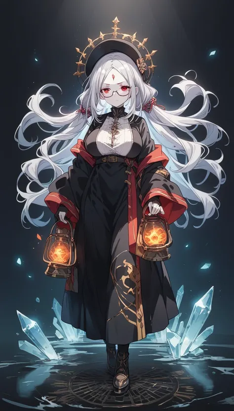 score_9, score_8_up, score_7_up, source_アニメ, full body, simple background, woman, Crystal on forehead, Silver Hair, White skin, Red Eyes, Large Breasts, Hunchback, Black Robe, Black pointy hat, Black-rimmed glasses, Animal backpack, Holding a large lantern...