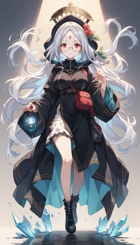 score_9, score_8_up, score_7_up, source_アニメ, full body, simple background, woman, Crystal on forehead, Silver Hair, White skin, Red Eyes, Large Breasts, Hunchback, Black Robe, Black pointy hat, Black-rimmed glasses, Animal backpack, Holding a large lantern...