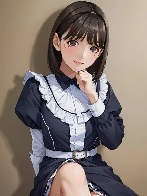 Highest quality、masterpiece、8k、Very detailed、Realistic、Looking at me with a smile、whole body、Black Hair、Short Hair、Small face、Slender、Big Breasts、Thin and beautiful legs、narrow and constricted waist,、Victorian maid clothes