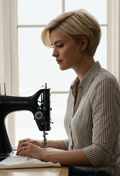 drawing of a woman with short blonde hair sitting in front of a sewing machine sewing