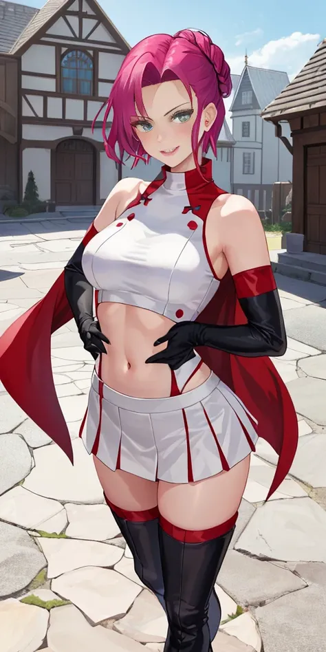 (((1 girl))) short hair, earings ,glossy lips ,team rocket uniform, red letter R, white skirt, white crop top, black thigh-high boots, black elbow gloves, evil smile, looking at viewer, cowboy shot, arms crossed, full body photo Mercedes von Martritz (Fire...