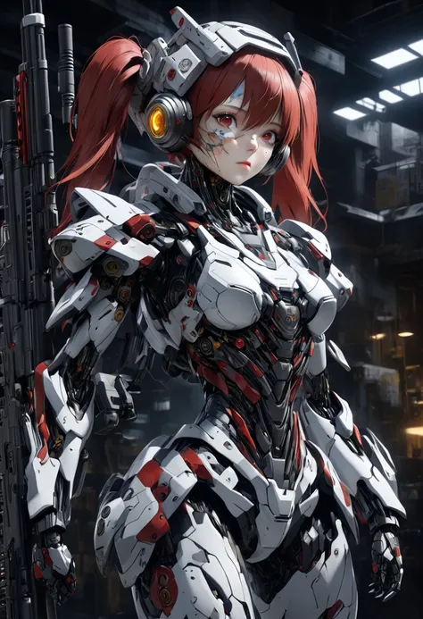 3d digital art from the fantasy world, 1girl, robot girl, red hair, twin tails, red eyes, white and gray camouflage clothing, sh...