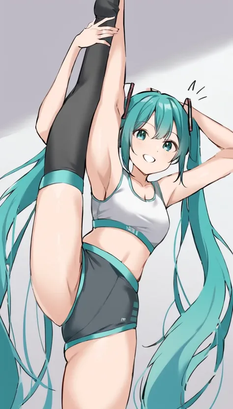 Hatsune_Miku, sports bra, One girl, standing_split, smile