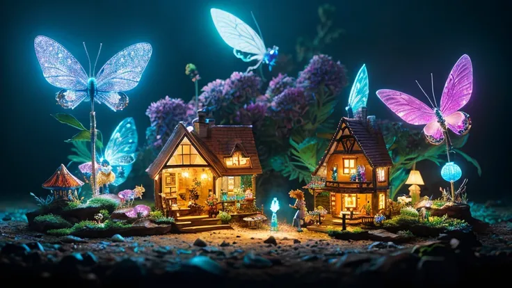 Miniature faerie wonderland with tiny faery houses and magic bioluminescent forest inside a beautiful bejeweled sparkling high heel Swarovski crystal shoe, tiny glowing faeries, A breathtaking borderland masterpiece fantasycore artwork by Android Jones, Je...