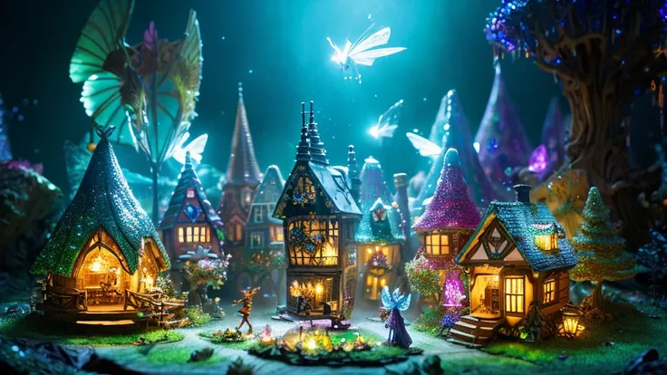 Miniature faerie wonderland with tiny faery houses and magic bioluminescent forest inside a beautiful bejeweled sparkling high heel Swarovski crystal shoe, tiny glowing faeries, A breathtaking borderland masterpiece fantasycore artwork by Android Jones, Je...