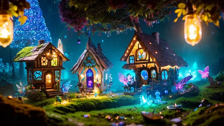 Miniature faerie wonderland with tiny faery houses and magic bioluminescent forest inside a beautiful bejeweled sparkling high heel Swarovski crystal shoe, tiny glowing faeries, A breathtaking borderland masterpiece fantasycore artwork by Android Jones, Je...