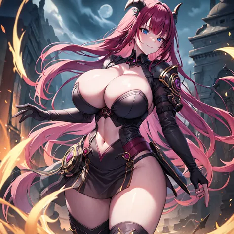 young woman, red hair, lolita hair, sardas no rosto, pale skin, smiling, in one storm city, wearing soldier outfit, moon in the background, 4k, Demon queen, demon wings, crown, red outfits and black. sexy pose, (NSFW), anime, anime screencap, gigantic brea...