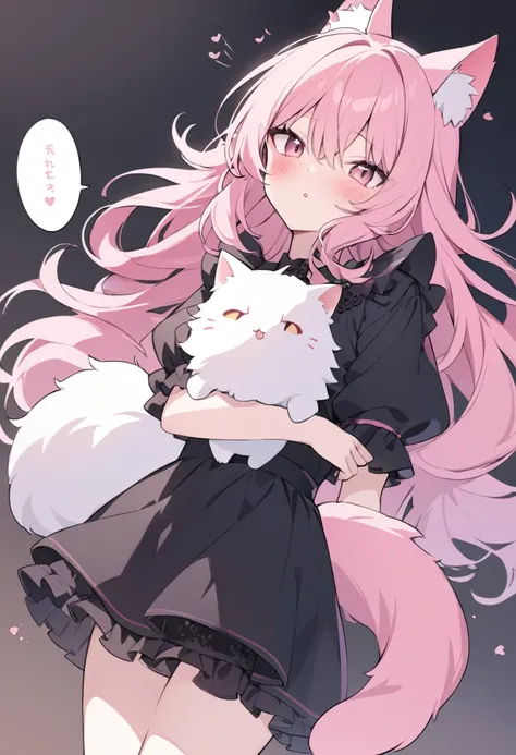 A half-human cat with pink hair and a very fluffy tail 