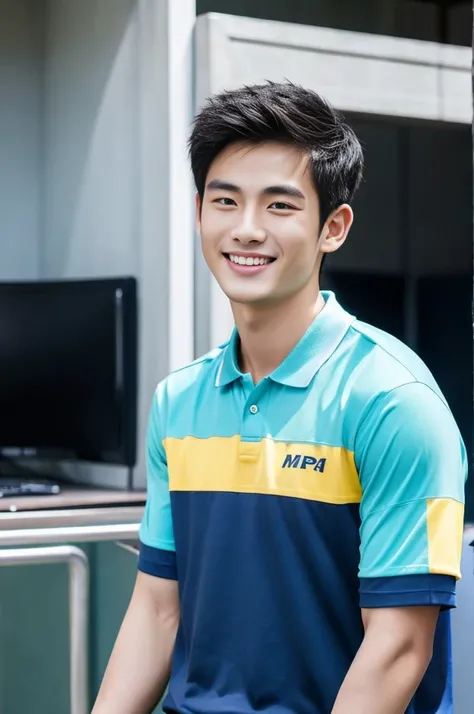 Korean man, Inspiration from Peng Yuyan, 23 years old, Korean muscular man ，The computer room is in the back. Sports t-shirts, polo, tight, navy blue., open mouth smile