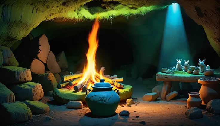 A stunning 3D scene，Empty space inside the cave，There are some strange little animals in the cave，There is a pile of burning firewood on the ground on the left.，There was a large clay pot on a pile of firewood.，The blue light is emitted from inside the pot...