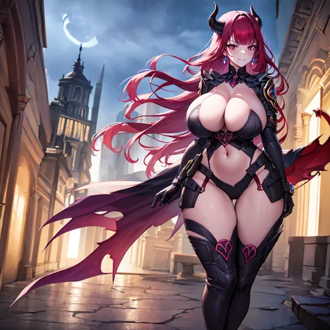 young woman, red hair, lolita hair, sardas no rosto, pale skin, smiling, in one storm city, wearing soldier outfit, moon in the background, 4k, Demon queen, demon wings, crown, red outfits and black. sexy pose, (NSFW), anime, anime screencap, gigantic brea...