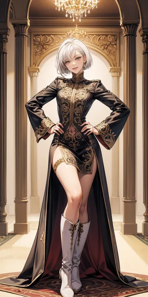 Setting: Royal bedroom - Grand, opulent, with rich fabrics and tapestries Character: Appearance: White hair - Short, styled in a sharp bob Full figure - Curvaceous Attire: High boots - Leather, reaching up the calves Elegant outfit - Befitting the royal se...