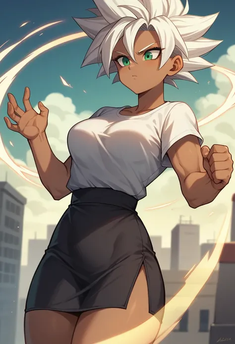 1 girl ,Saiyan, white hair combed back, green eyes,slim, thin waist, wide hips, brown skin color, medium breasts, white top, short black skirt, the character is flying, standing, the location is a city, raising your ki, fists closed, aura around, charging ...