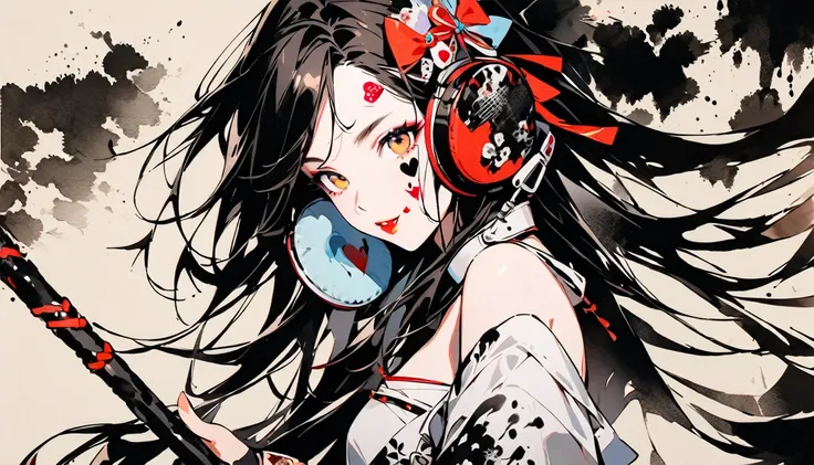 (((Ink Painting))), Fashion portrait color photos, (((1 girl))), (((Heart tattoo on face))), (((Gorgeous hair accessories))), Japanese style headphones, Hit the drum hard with a stick, Japanese beautiful girl, Black Hair