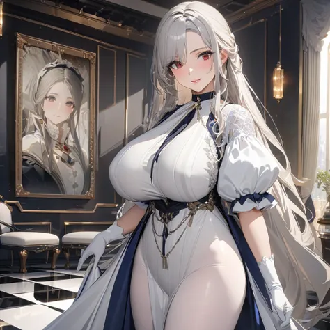 a woman wearing a sophisticated white dress from the 1700s, big breasts, wearing white pantyhose, smiling, red eyes, silver hair...